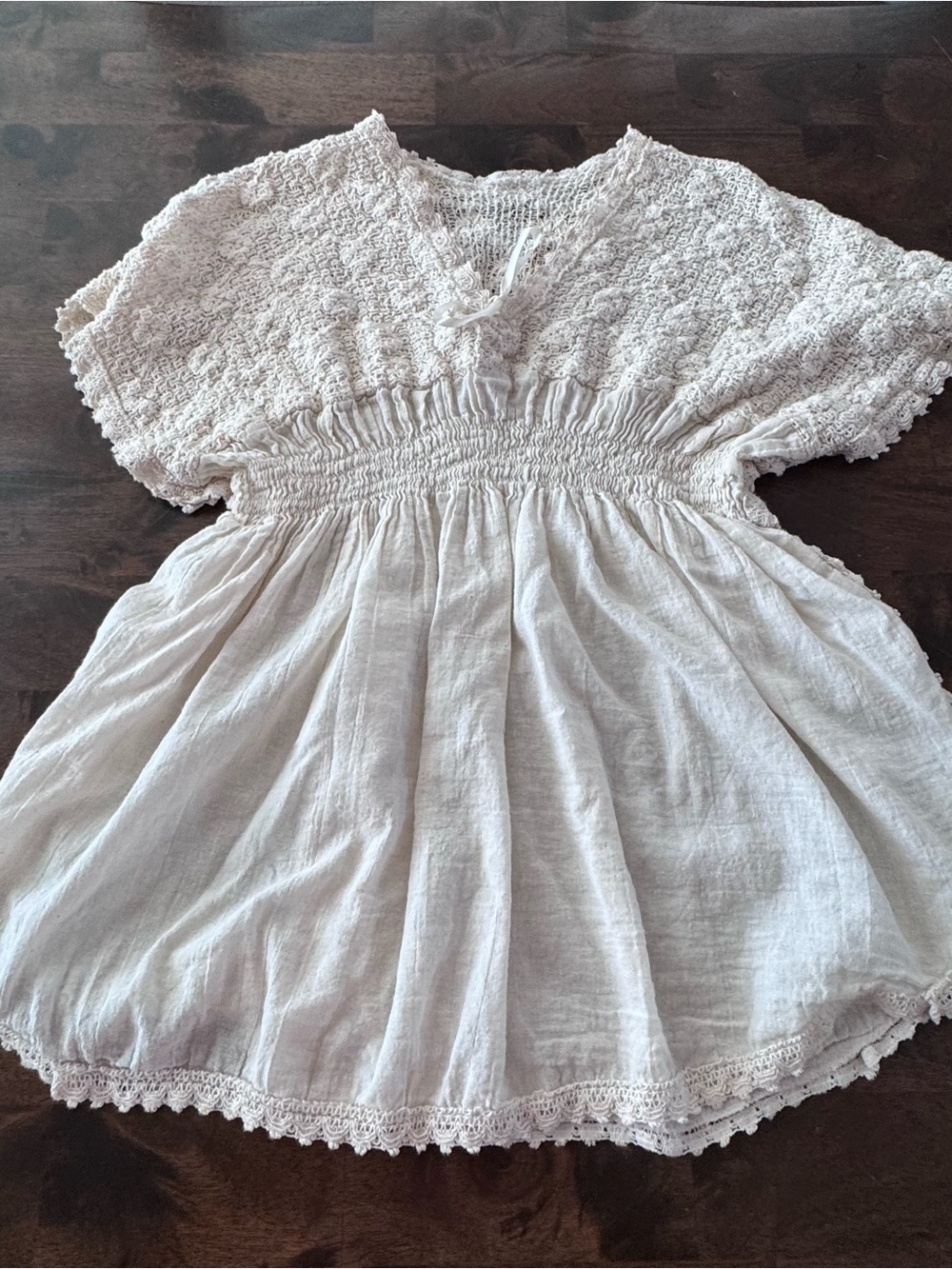 Vintage Boho Cream Crinkle Gauze Peplum Top Crochet Knit Smocked Tunic Blouse M
